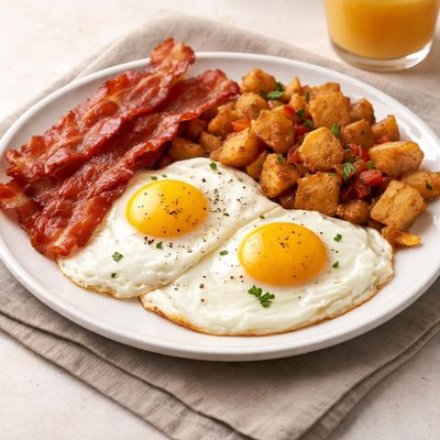 Two eggs bacon and potatoes