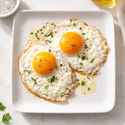 dos huevos cocidos en una sartén con spray de aceite de oliva