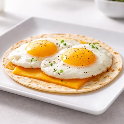 Dos huevos en una tortilla con una rebanada de queso cheddar