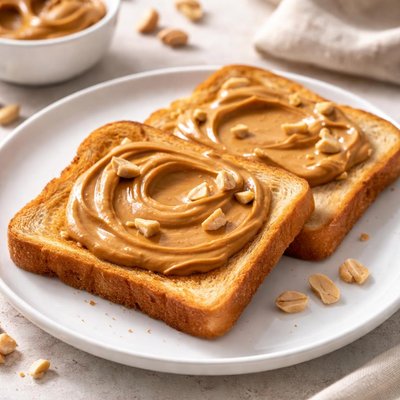 Two pieces of white toast with peanut butter