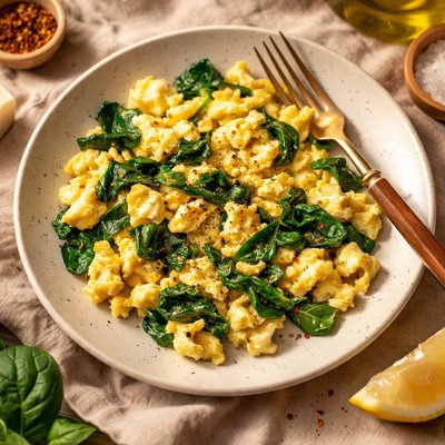 Two scrambled eggs with spinach