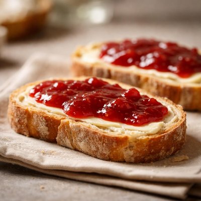 Two slices of bread with butter wnd jam
