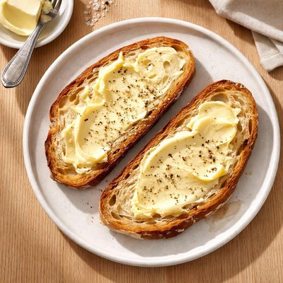 Two slices of sour dough bread with butter