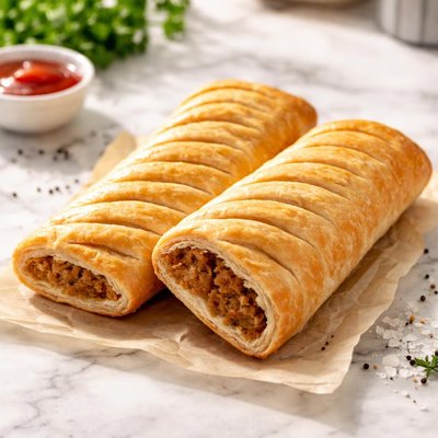Two vegan greggs sausage rolls