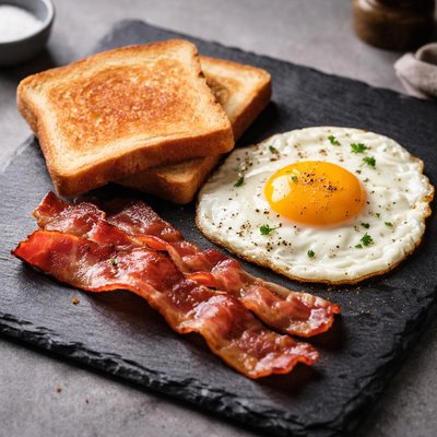 Two white toast and two bacon one fried egg