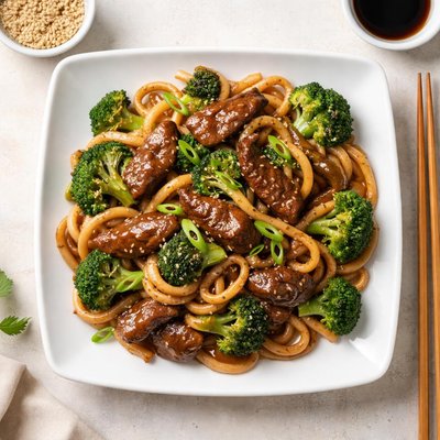 Udon noodles beef brocolli