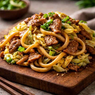 Udon noodles with pork and cabbage