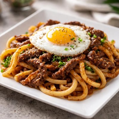 Udon with beef and egg