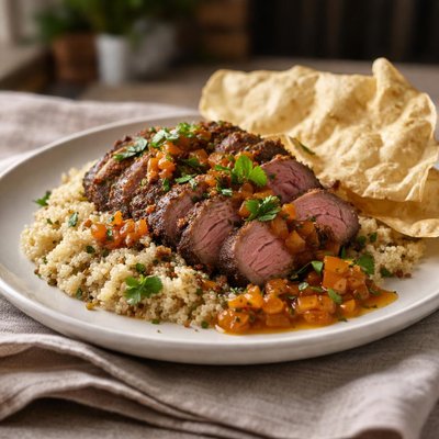 Vadouvan lamb and creamy quinoa with spice apricot sauce and papdum