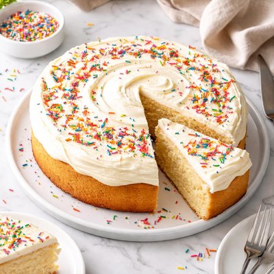 Vanilla cake with icing and sprinkles