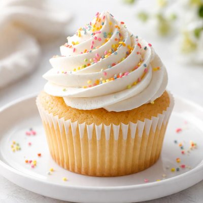 Vanilla cupcake with frosting and sprinkles