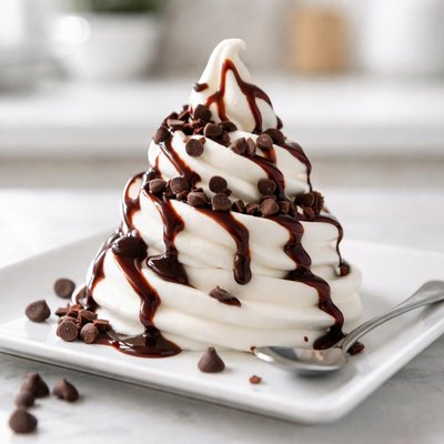 Vanilla frozen yogurt with chocolate syrup