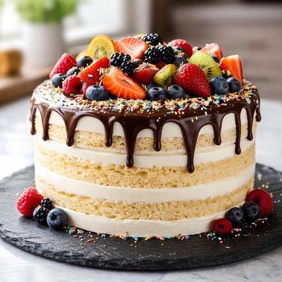 Vanilla fruit chocolate sprinkle cake