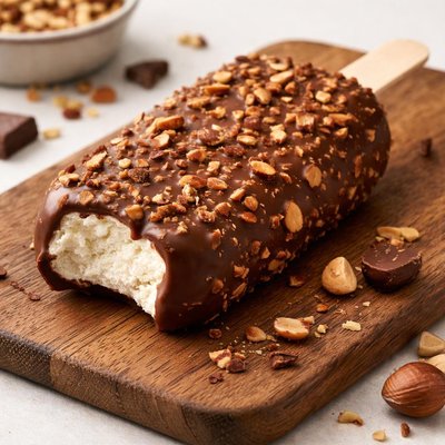 Vanilla ice cream covered in chocolate and nuts