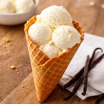Vanilla ice cream in a waffle