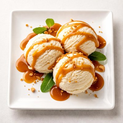 Vanilla ice cream with caramel sauce