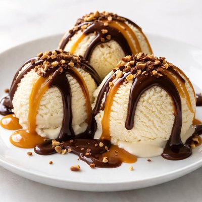 Vanilla ice cream with chocolate and caramel sauce