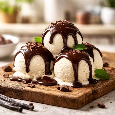Vanilla ice cream with chocolate sauce