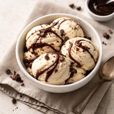 Vanilla ice cream with chocolate swirls