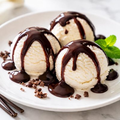 Vanilla ice cream with chocolate syrup