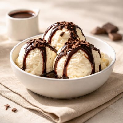 Vanilla ice cream with chocolaye syruo