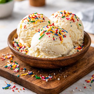 Vanilla ice cream with rainbow sprinkles
