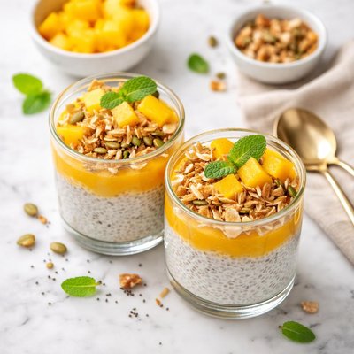 Vegan chia seed and mango oat milk parfeit