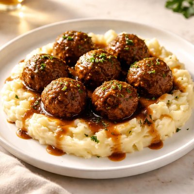 Vegan meatballs with mashed potatoes