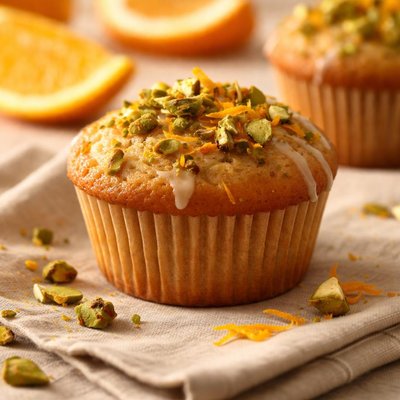 Vegan orange and pistachio olive oil cake muffin