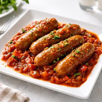 Vegan sausages in tomato based sauce