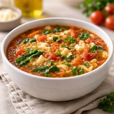 Vegetable and tomato soup with egg drops