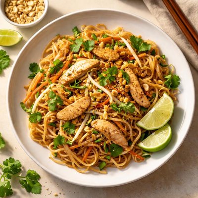 Vegetable pad thai with chicken