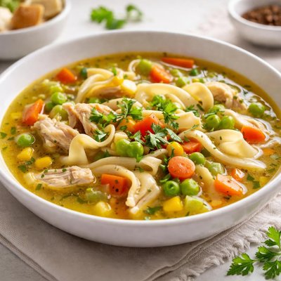 Vegetable soup with chicken and noodles