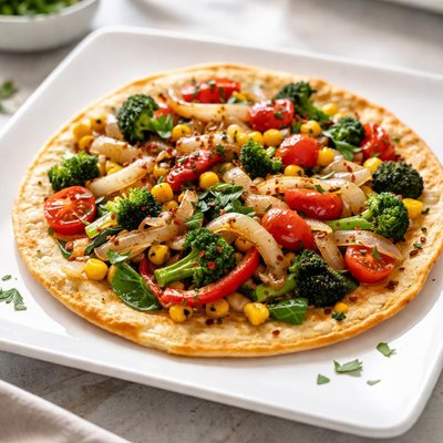 Vegetable tortilla with sauteed onions and mixed veggies