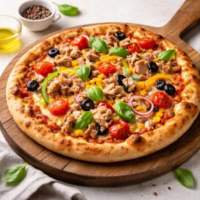 Vegetables and tuna pizza