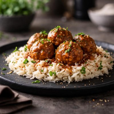 Vegetarian meatballs and rice