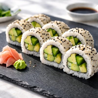 Vegetarian sushi roll with cucumber and avocado