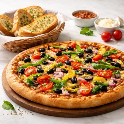 Vegi pizza with garlic bread