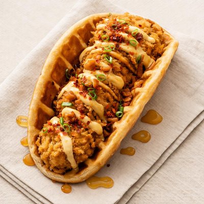 Velvet taco chicken and waffle taco