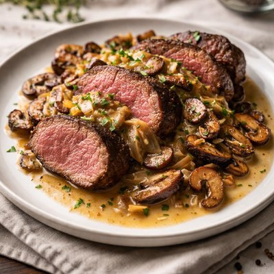 Venison tenderloin with onion mushroom sauce