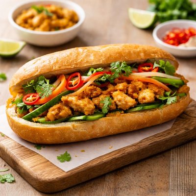 Vietnamese banh mi with coconut curry chicken