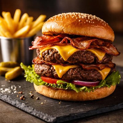 Village hotel bqq stacker double cheese and bacon burger