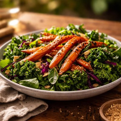 Vitamin-rich kale and organic mixed greens with housemade maple-roasted carrots