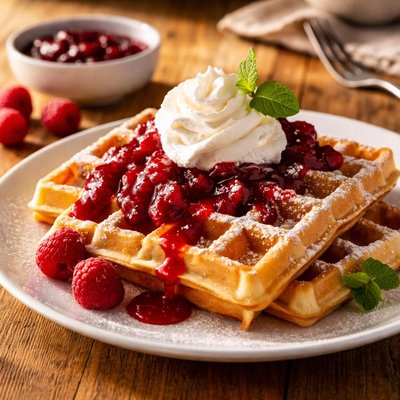 Waffel mit sahne und himbeermarmelade