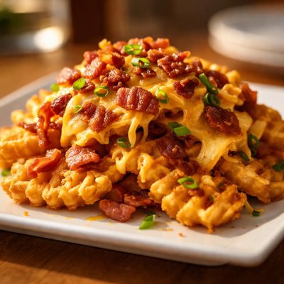 Waffle fries with cheese and bacon