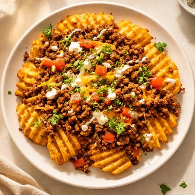 Waffle fries with seasoned beef