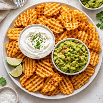 Waffle fries with sour cream and guacamole