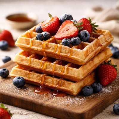 Waffle with blueberries and strawberries