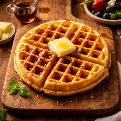 Waffle with butter and maple syrup