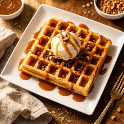 Waffle with caramel sauce